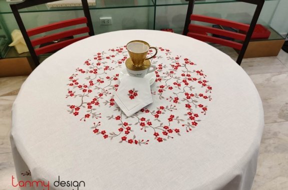 Round table cloth- Red string peach blossom embroidery (size 230 cm)